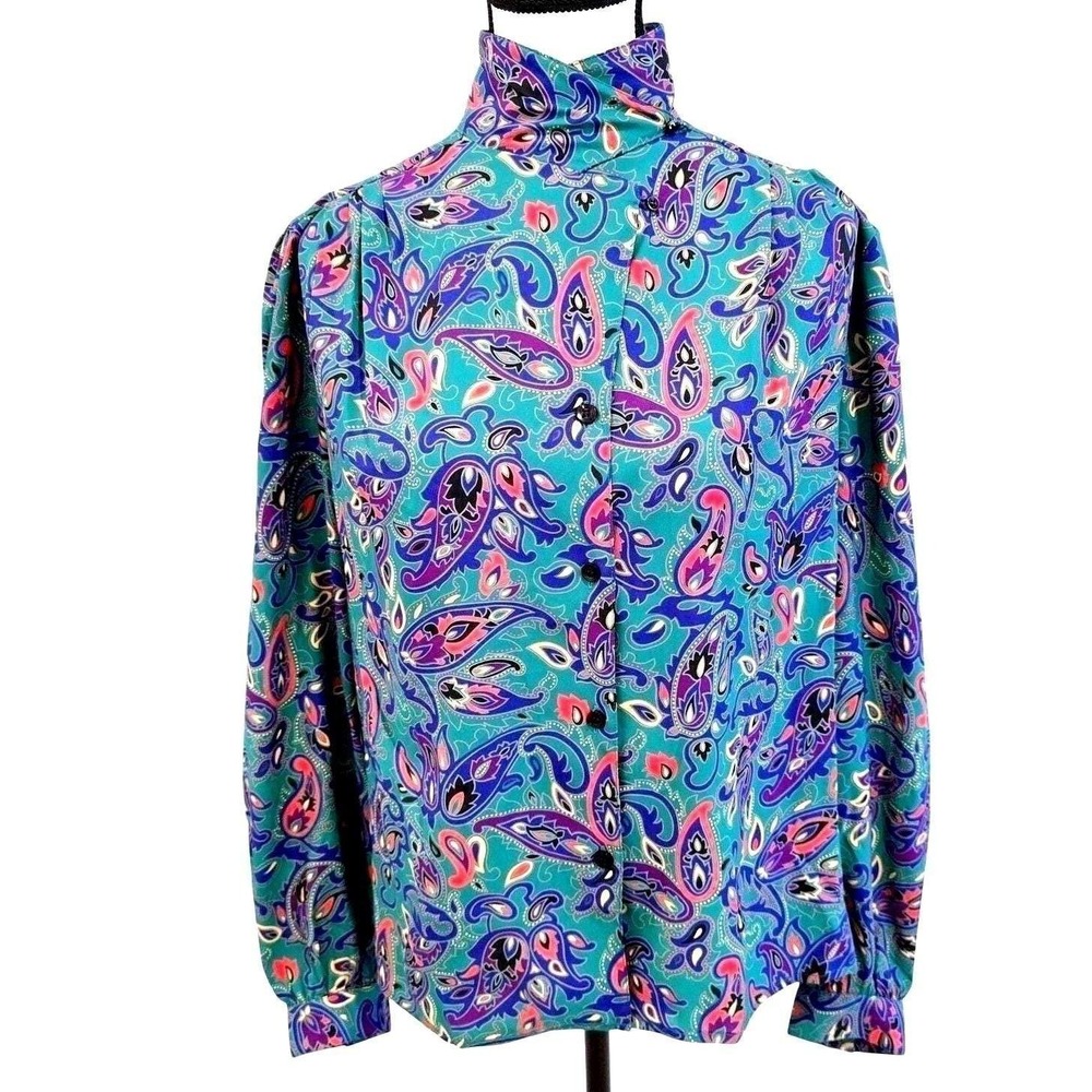 Vtg 80s Lady Manhattan Paisley Blouse Size 12 Teal Purple Secretary Grandmacore